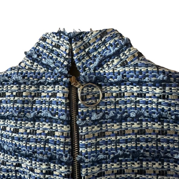 Tyler Boe Tweed High Neck Sleeveless Sheath Dress Fringe Blue Gold Size 8 - Picture 5 of 9